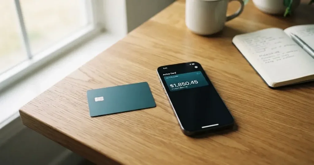 A payment card next to a phone with a crypto wallet app open