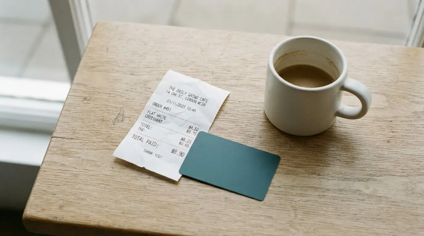 A receipt and a card on a café table