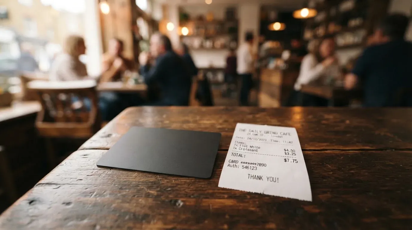 A receipt and a card on a café table
