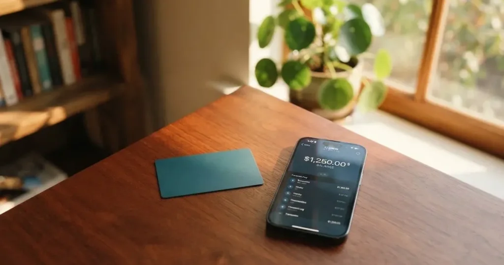 A payment card next to a phone with a crypto wallet app open