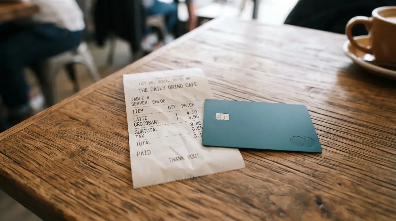 A receipt and a card on a café table