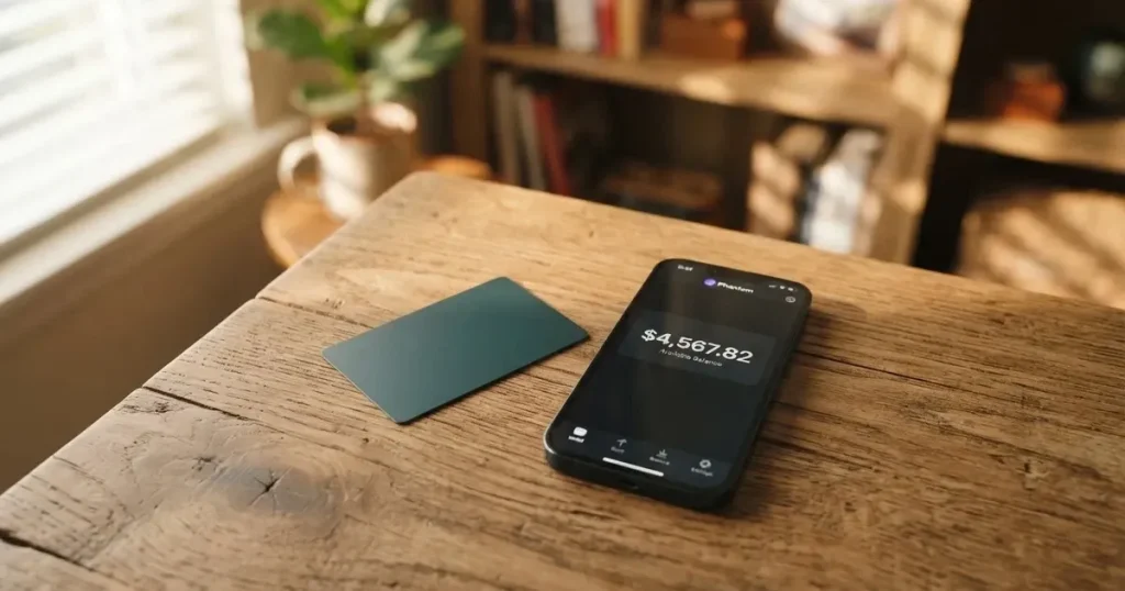 A payment card next to a phone with a crypto wallet app open
