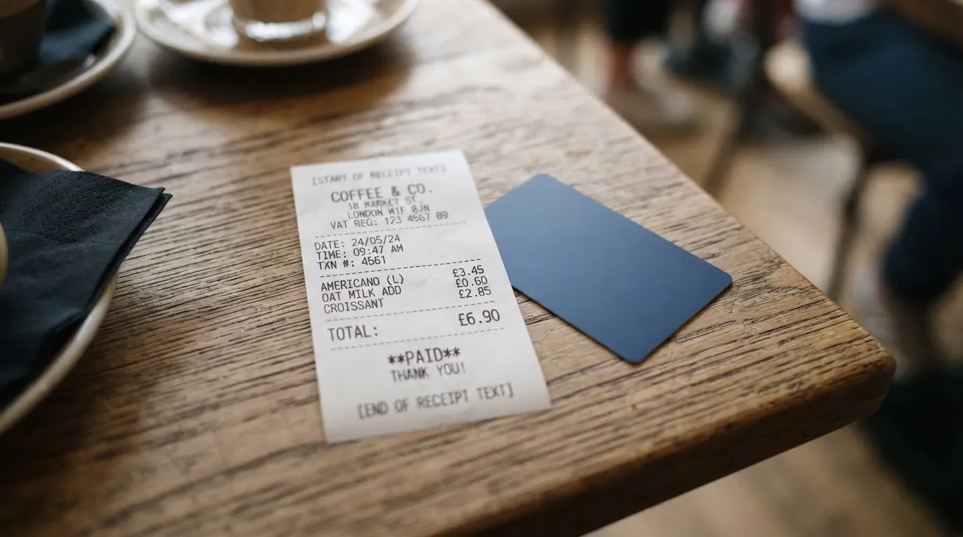 A receipt and a card on a café table