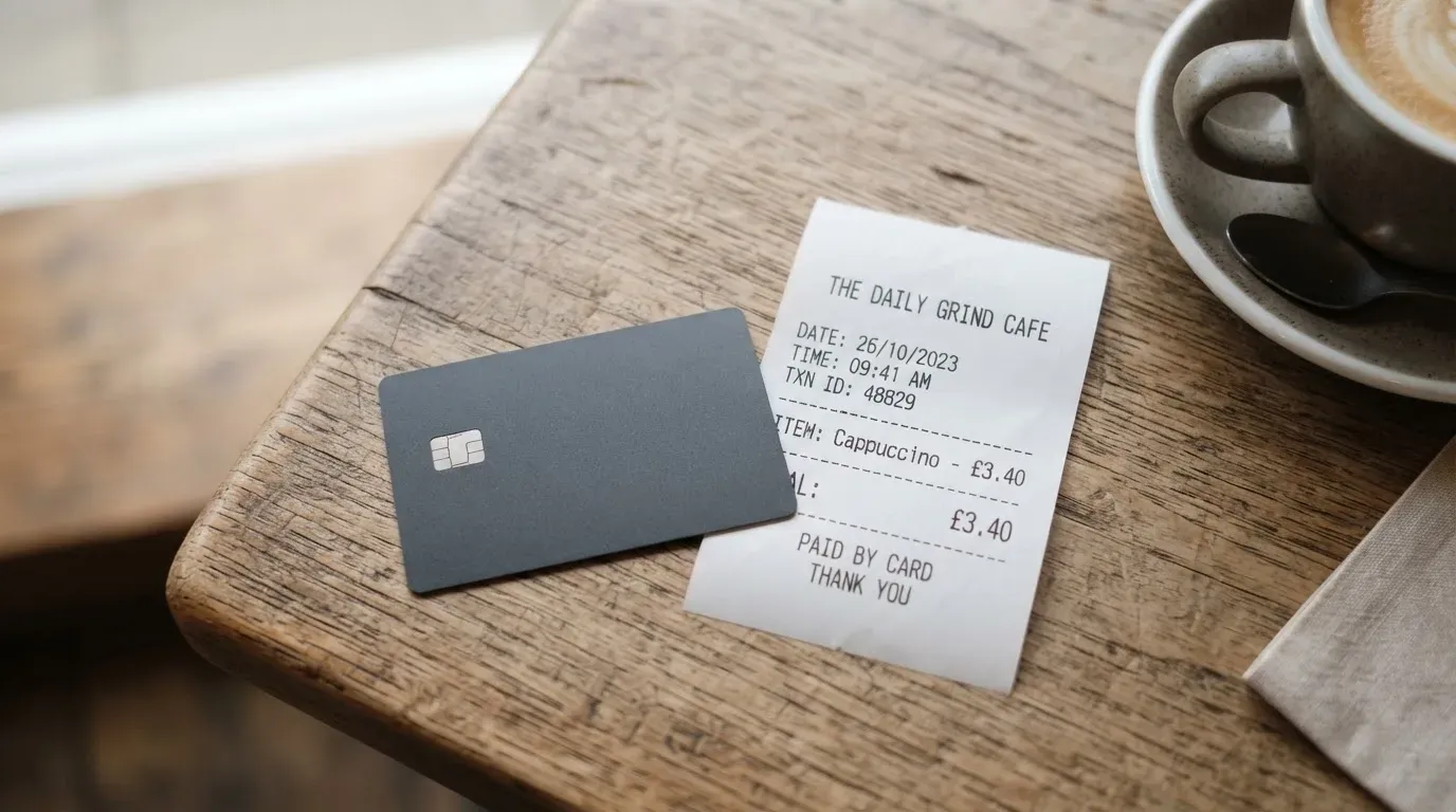 A receipt and a card on a café table