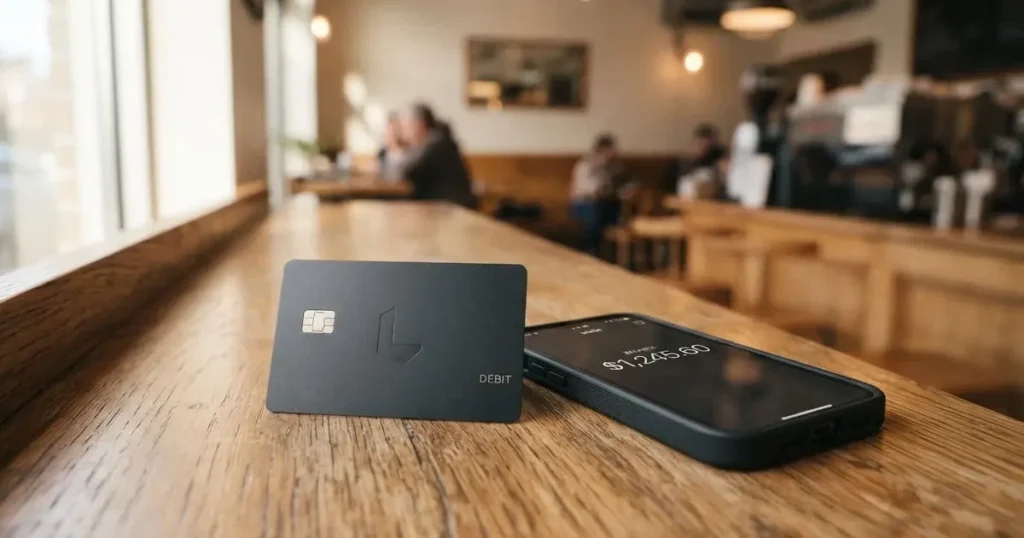 A payment card next to a phone with a crypto wallet app open
