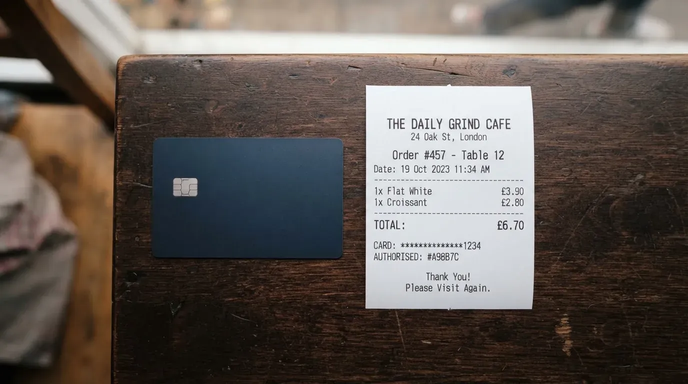 A receipt and a card on a café table