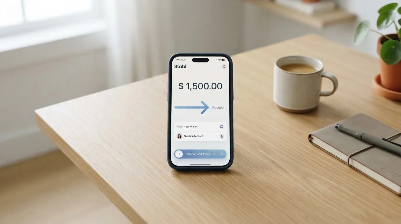 A phone showing a stablecoin transfer screen