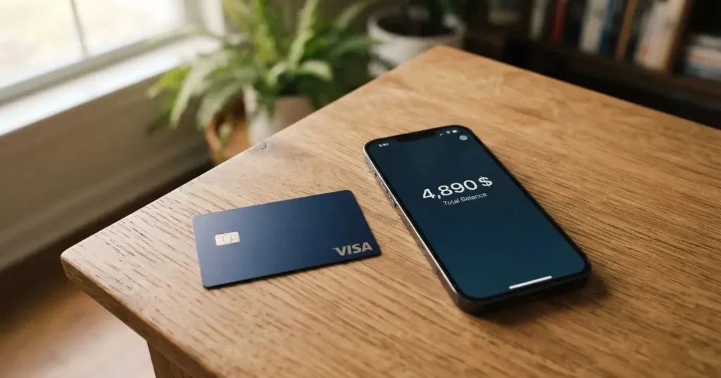 A payment card next to a phone with a crypto wallet app open
