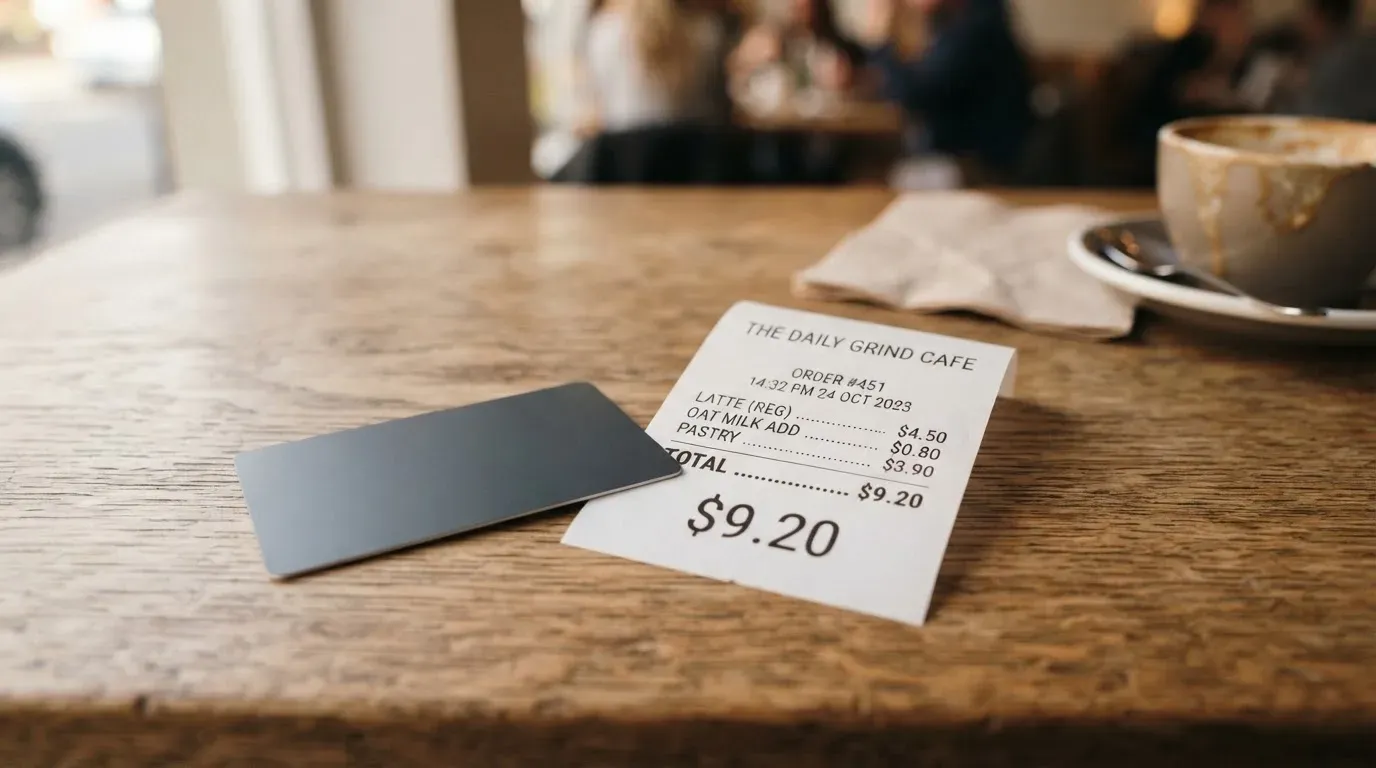 A receipt and a card on a café table