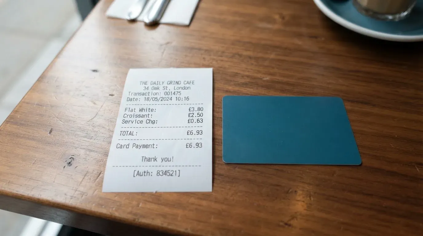 A receipt and a card on a café table