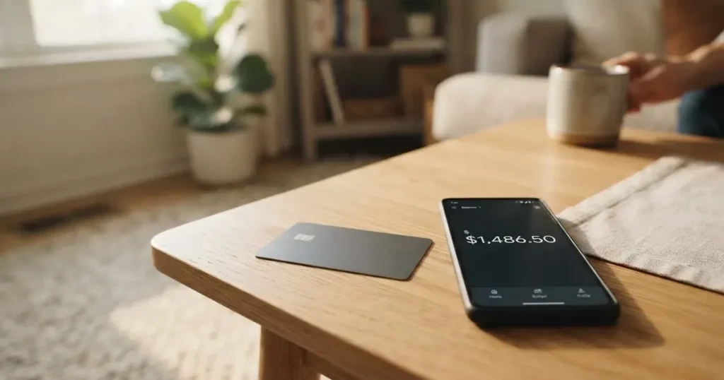 A payment card next to a phone with a crypto wallet app open