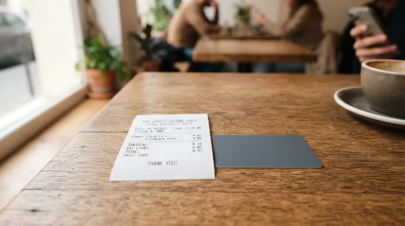 A receipt and a card on a café table