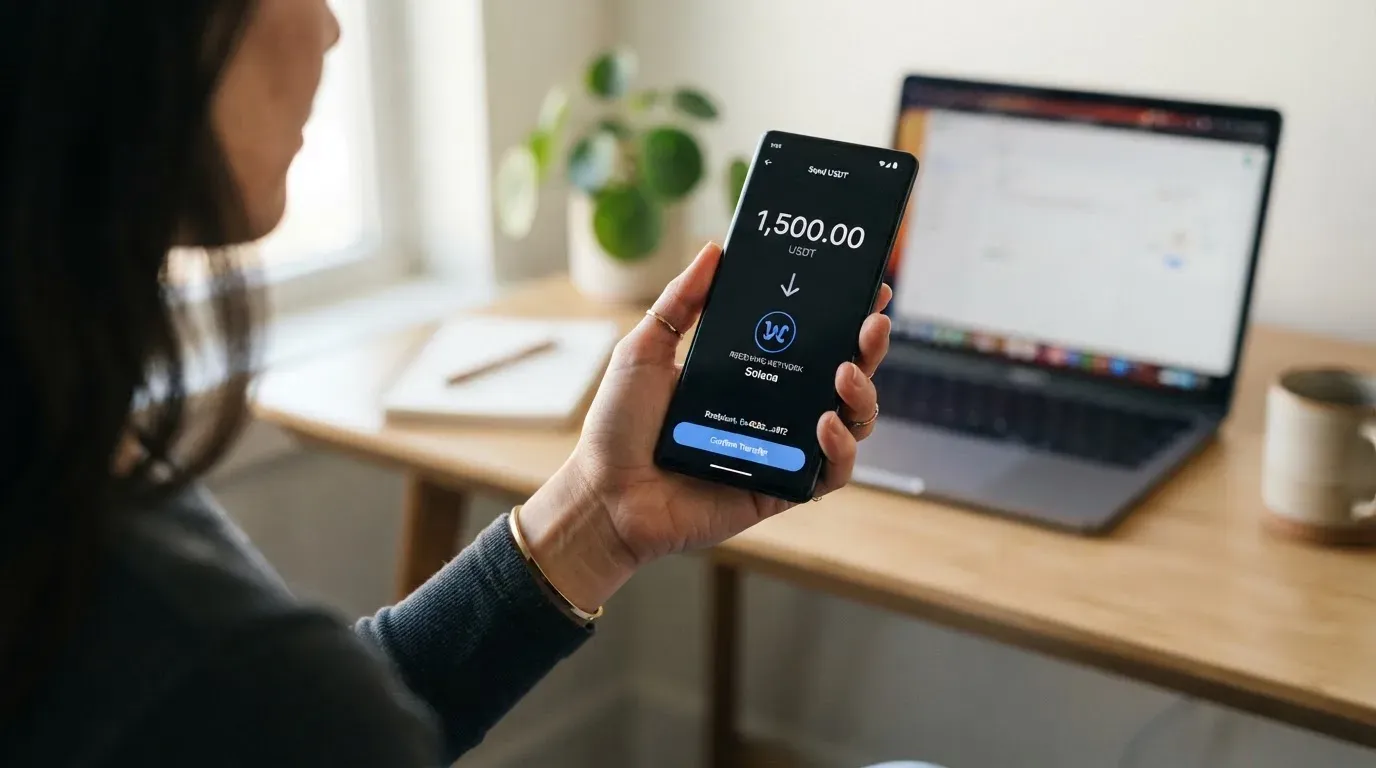 A phone showing a stablecoin transfer screen