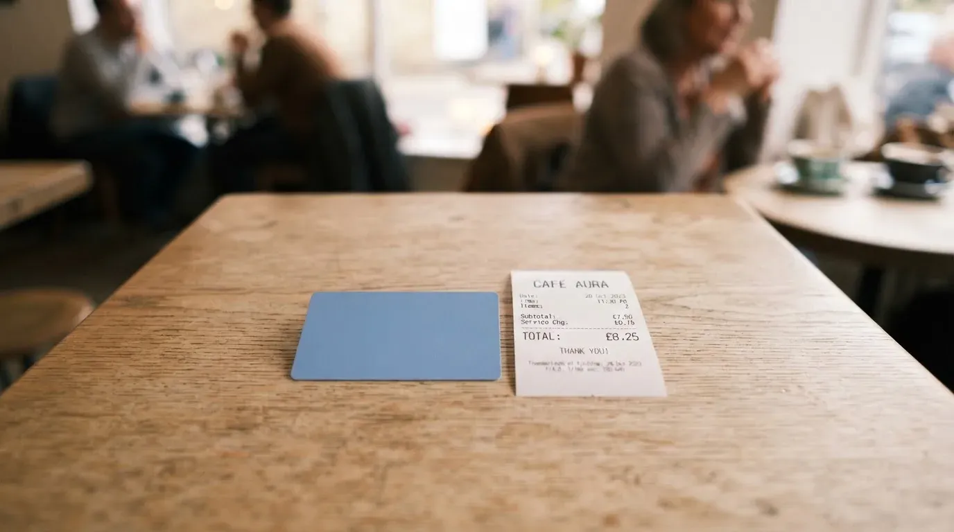 A receipt and a card on a café table