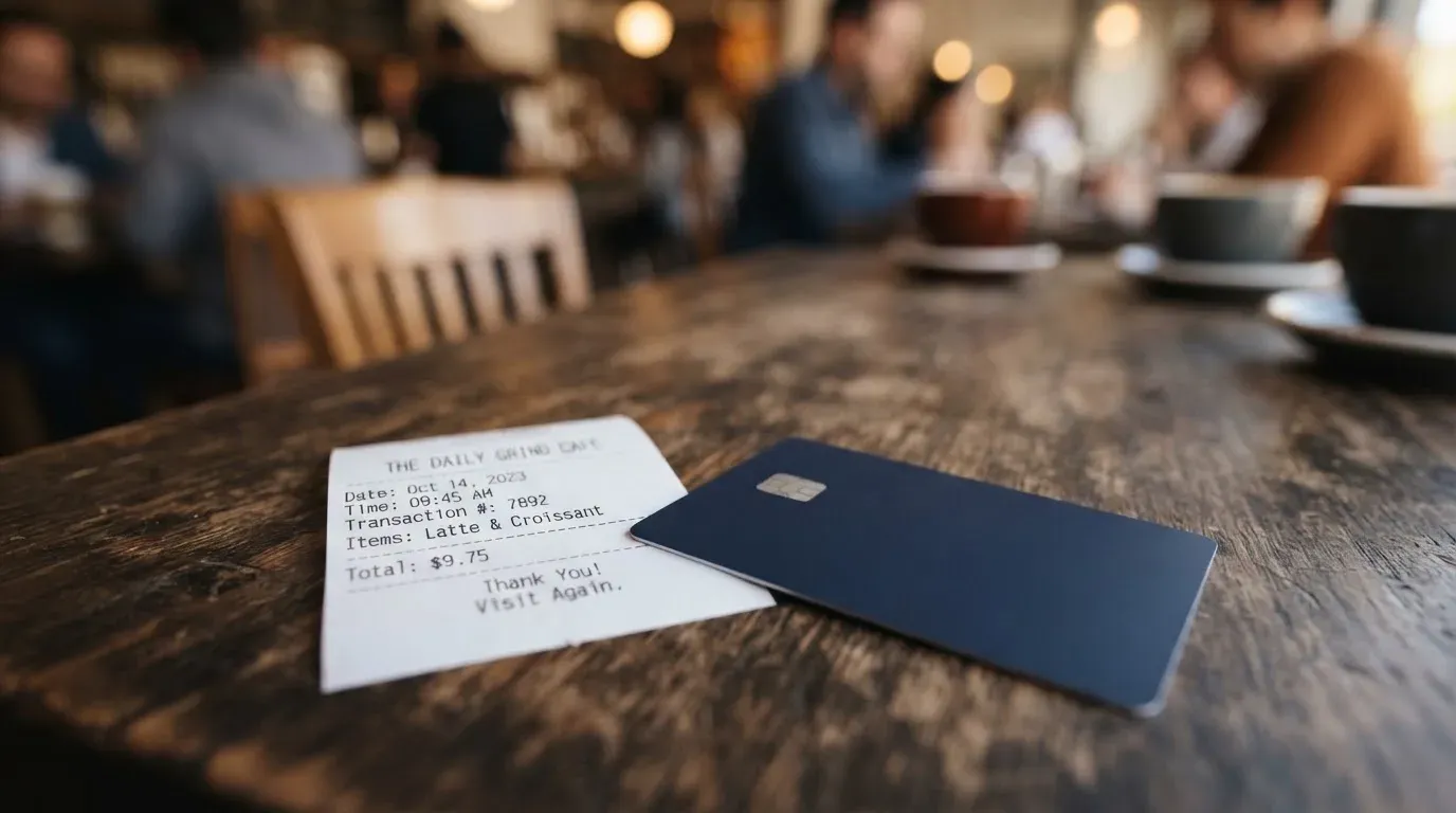 A receipt and a card on a café table
