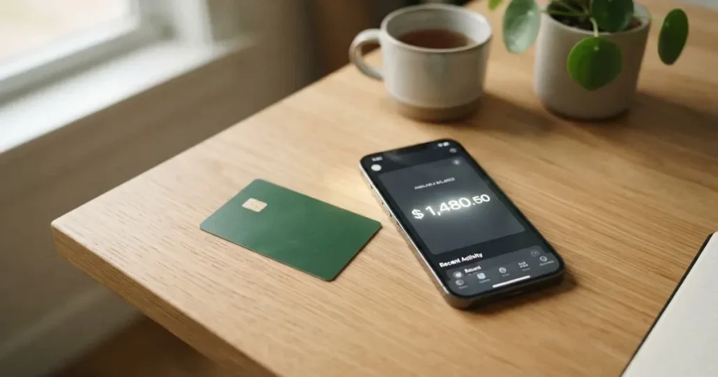 A payment card next to a phone with a crypto wallet app open