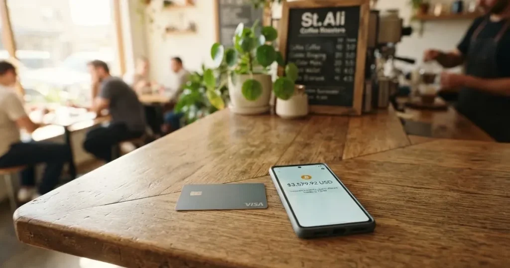 A payment card next to a phone with a crypto wallet app open