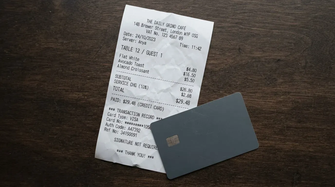 A receipt and a card on a café table