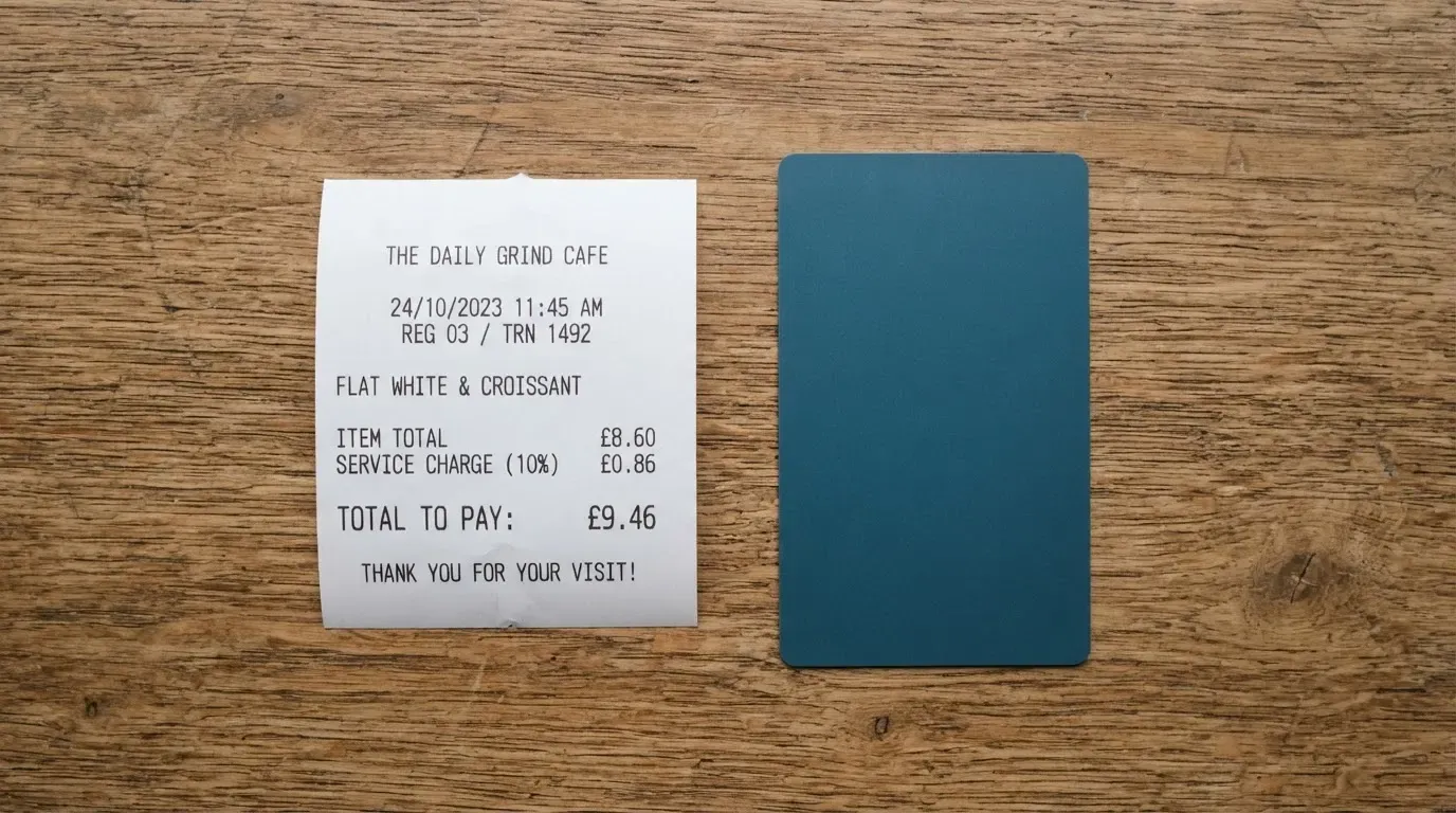 A receipt and a card on a café table