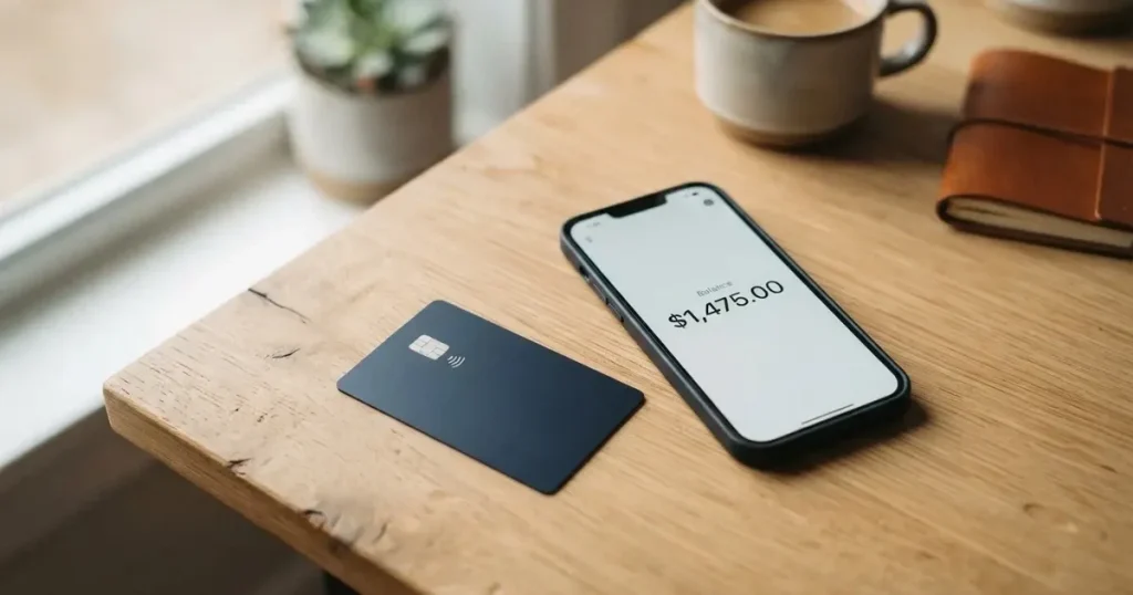 A payment card next to a phone with a crypto wallet app open