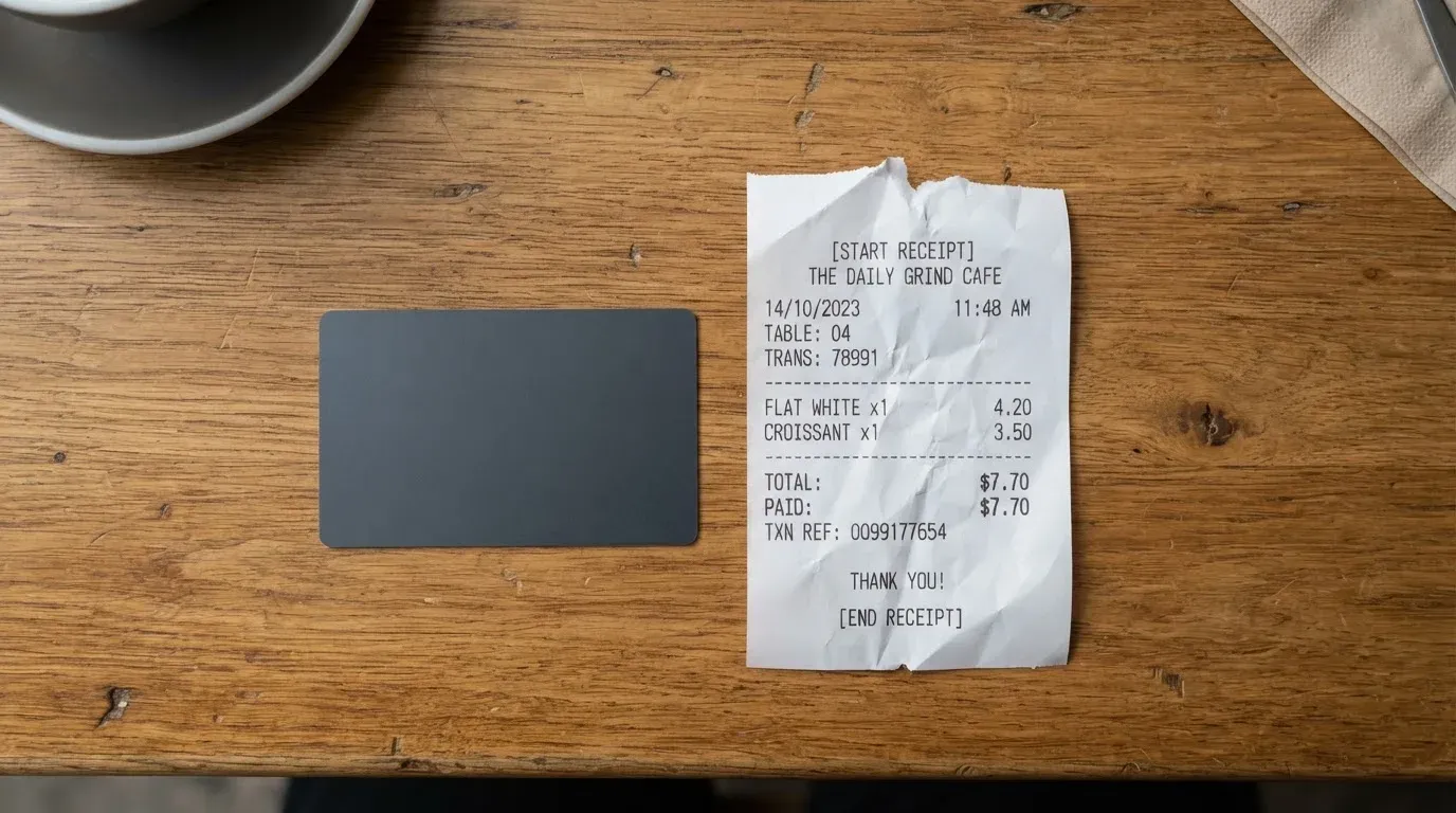 A receipt and a card on a café table