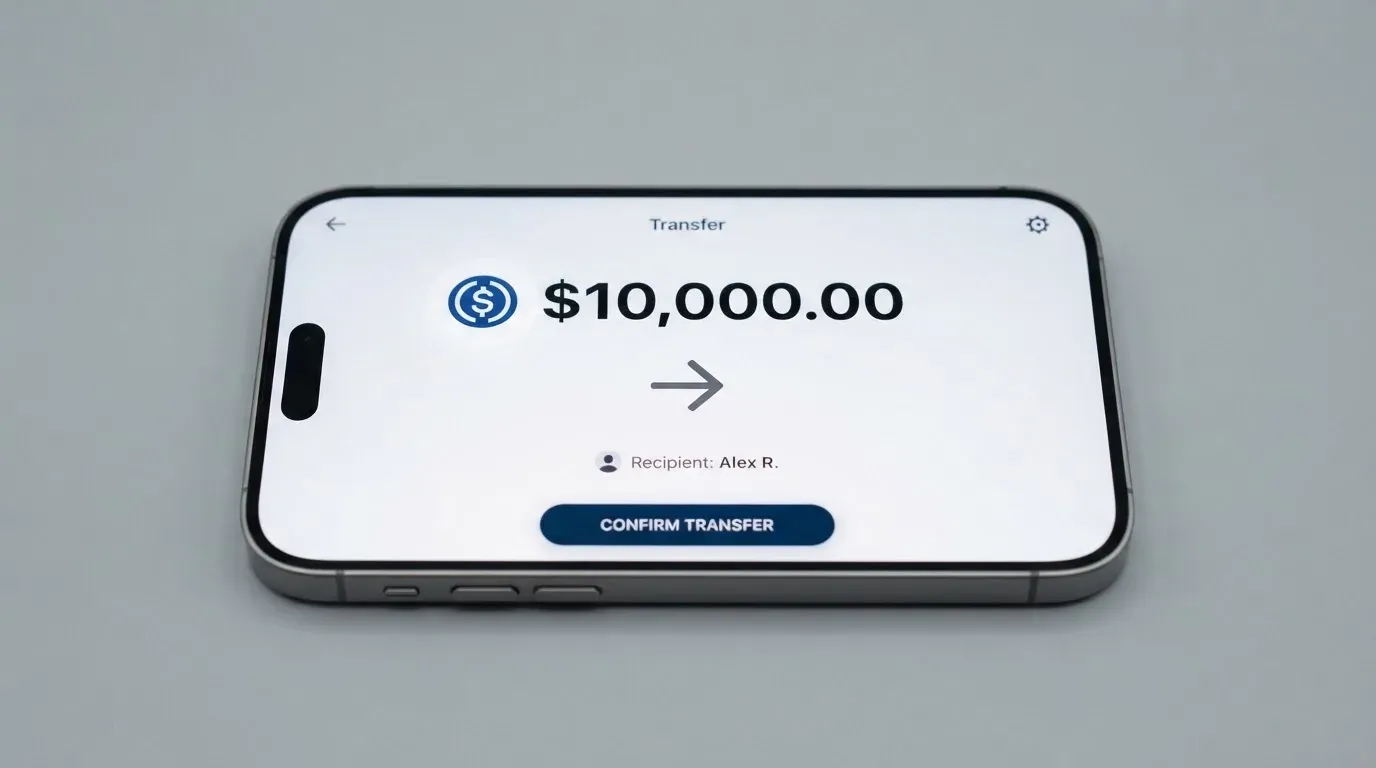 A phone showing a stablecoin transfer screen