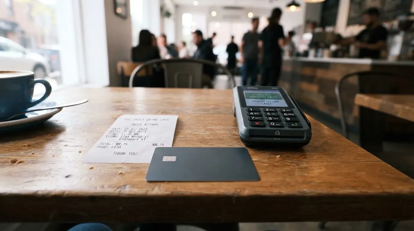 A receipt and a card on a café table