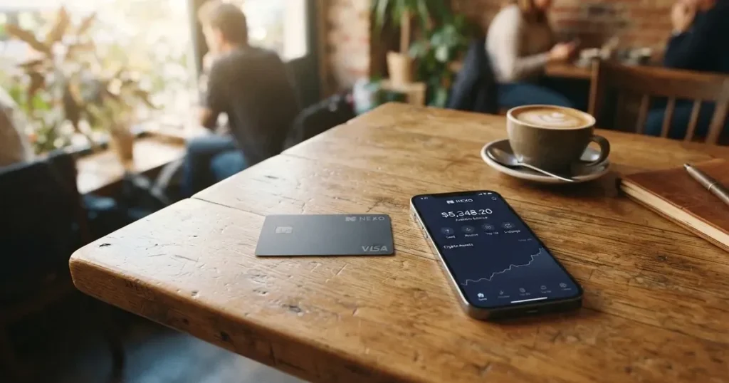 A payment card next to a phone with a crypto wallet app open