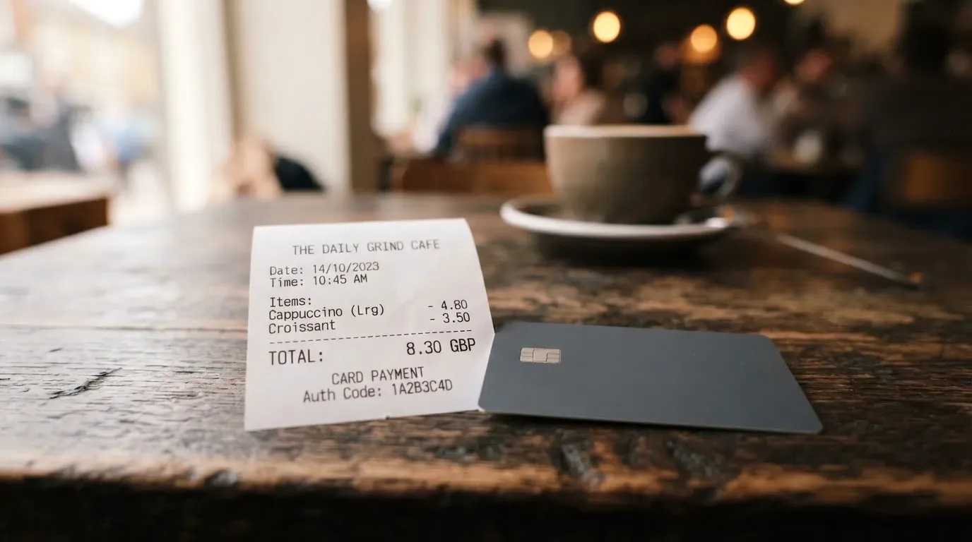 A receipt and a card on a café table