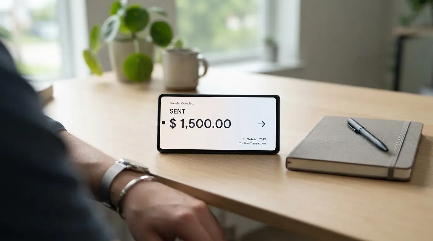 A phone showing a stablecoin transfer screen