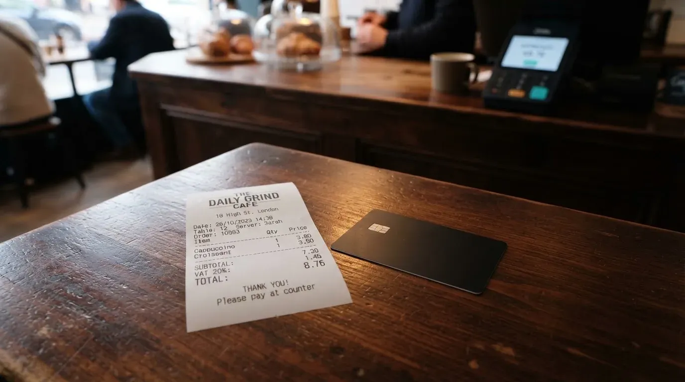 A receipt and a card on a café table