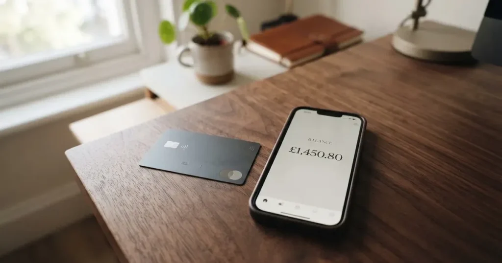 A payment card next to a phone with a crypto wallet app open