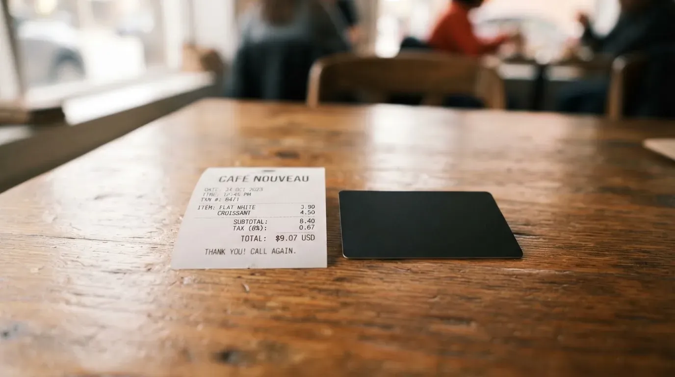 A receipt and a card on a café table