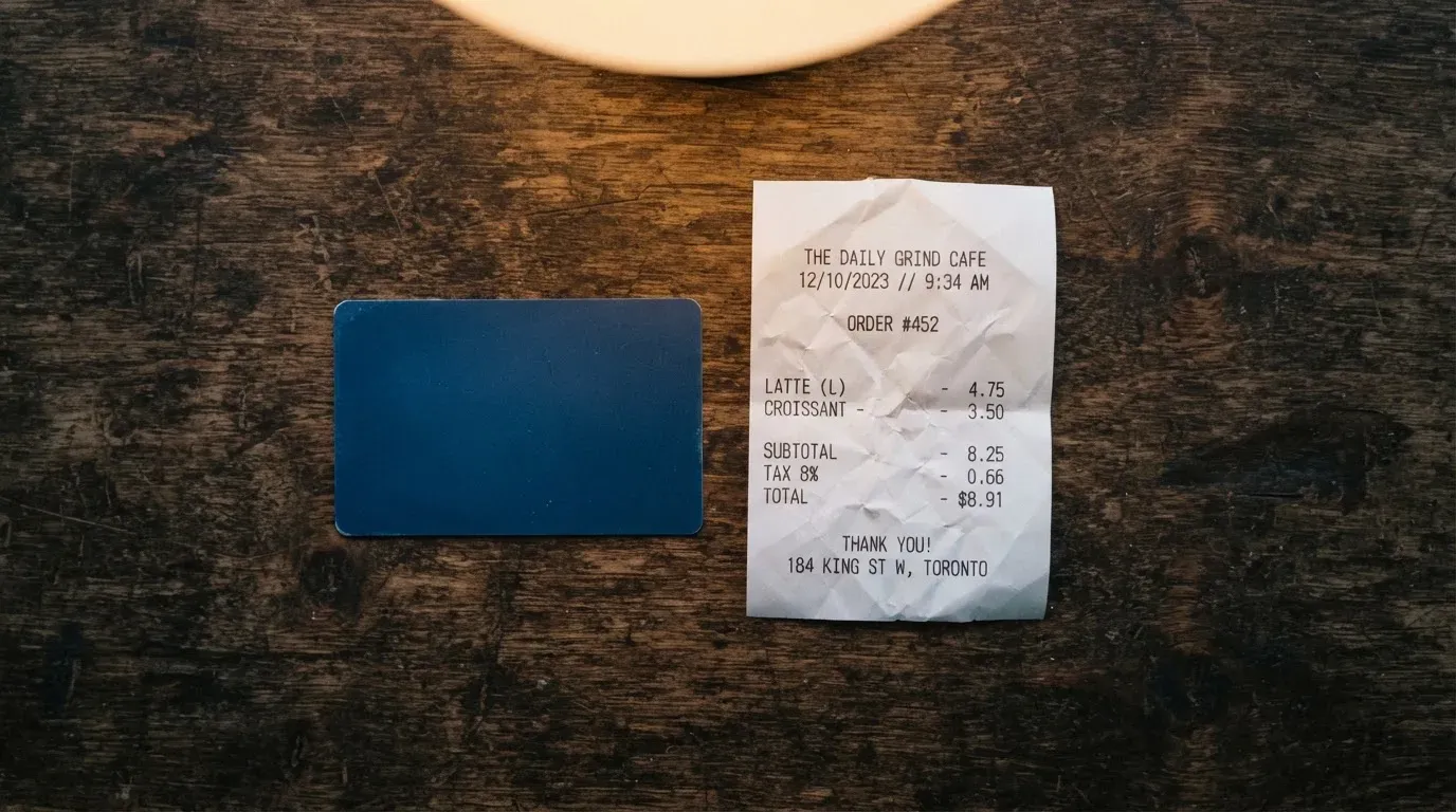 A receipt and a card on a café table