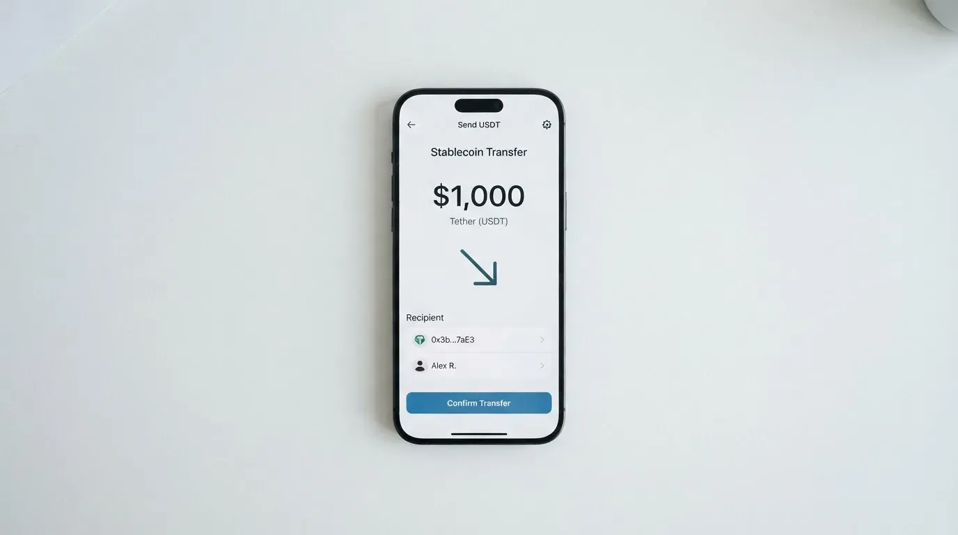 A phone showing a stablecoin transfer screen