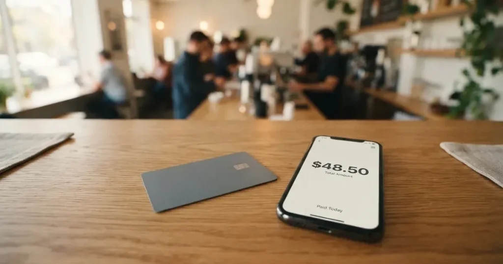 A payment card next to a phone with a crypto wallet app open