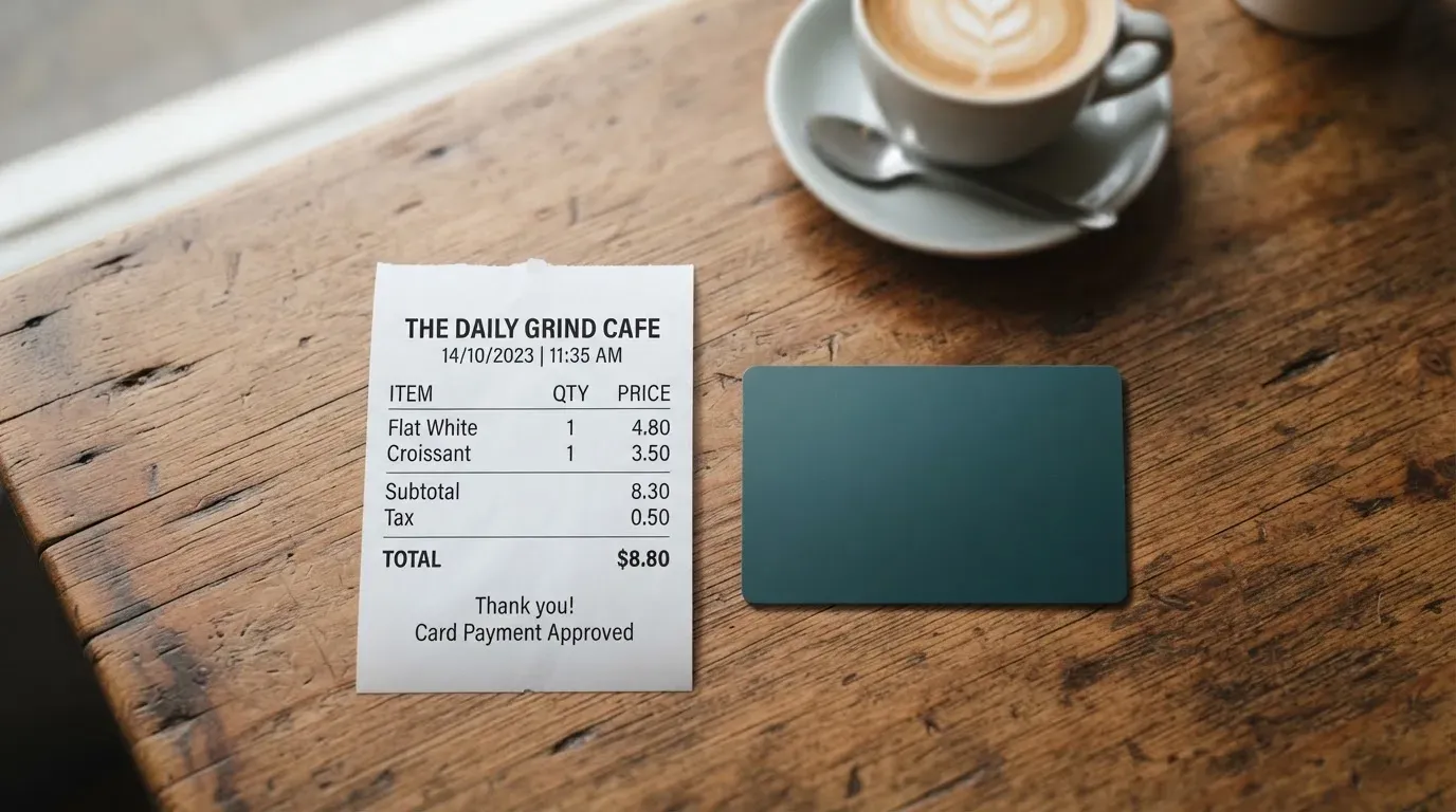 A receipt and a card on a café table