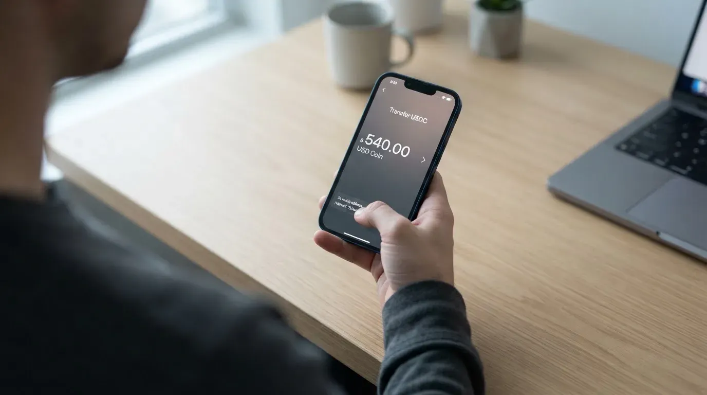 A phone showing a stablecoin transfer screen