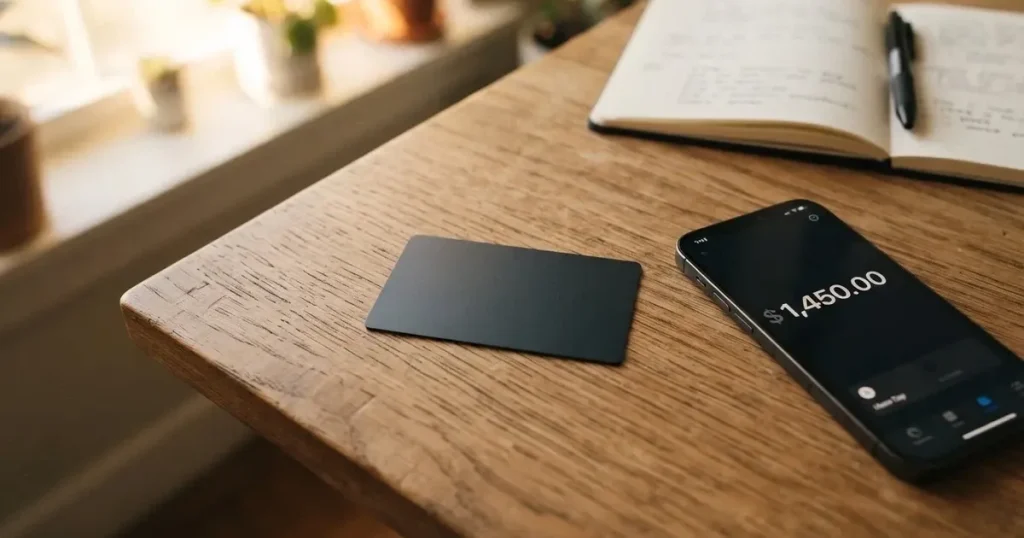 A payment card next to a phone with a crypto wallet app open
