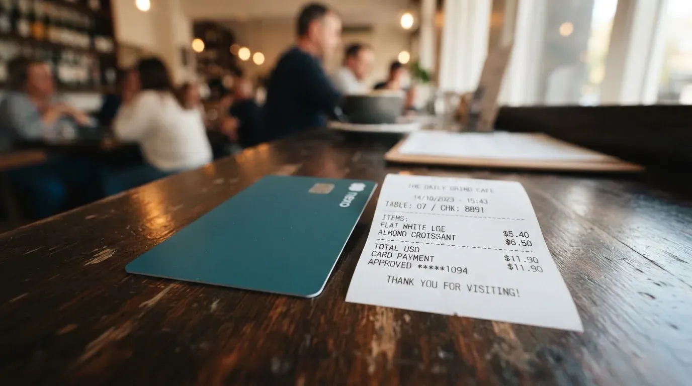 A receipt and a card on a café table